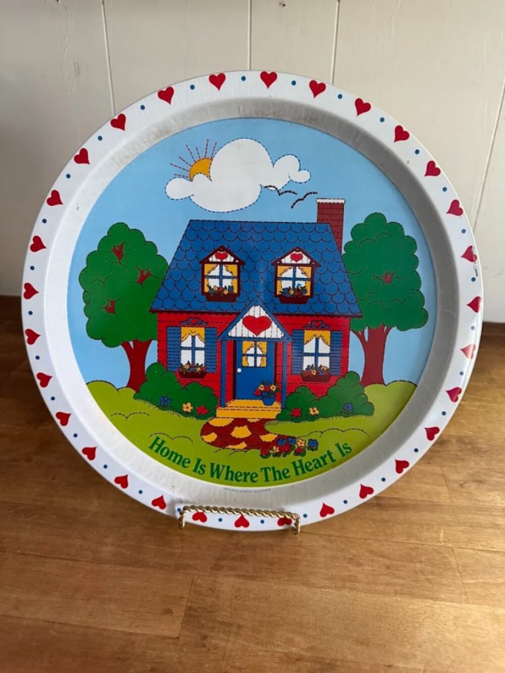 80s Giftco 13" Round Vintage Home Is Where The Heart Is Cottage Tin Tray